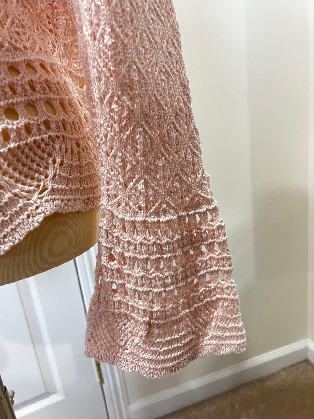 Crochet Bell Sleeve Sweater Front Tie Closure Light Pink Size Large Cotton Knit - Picture 11 of 12